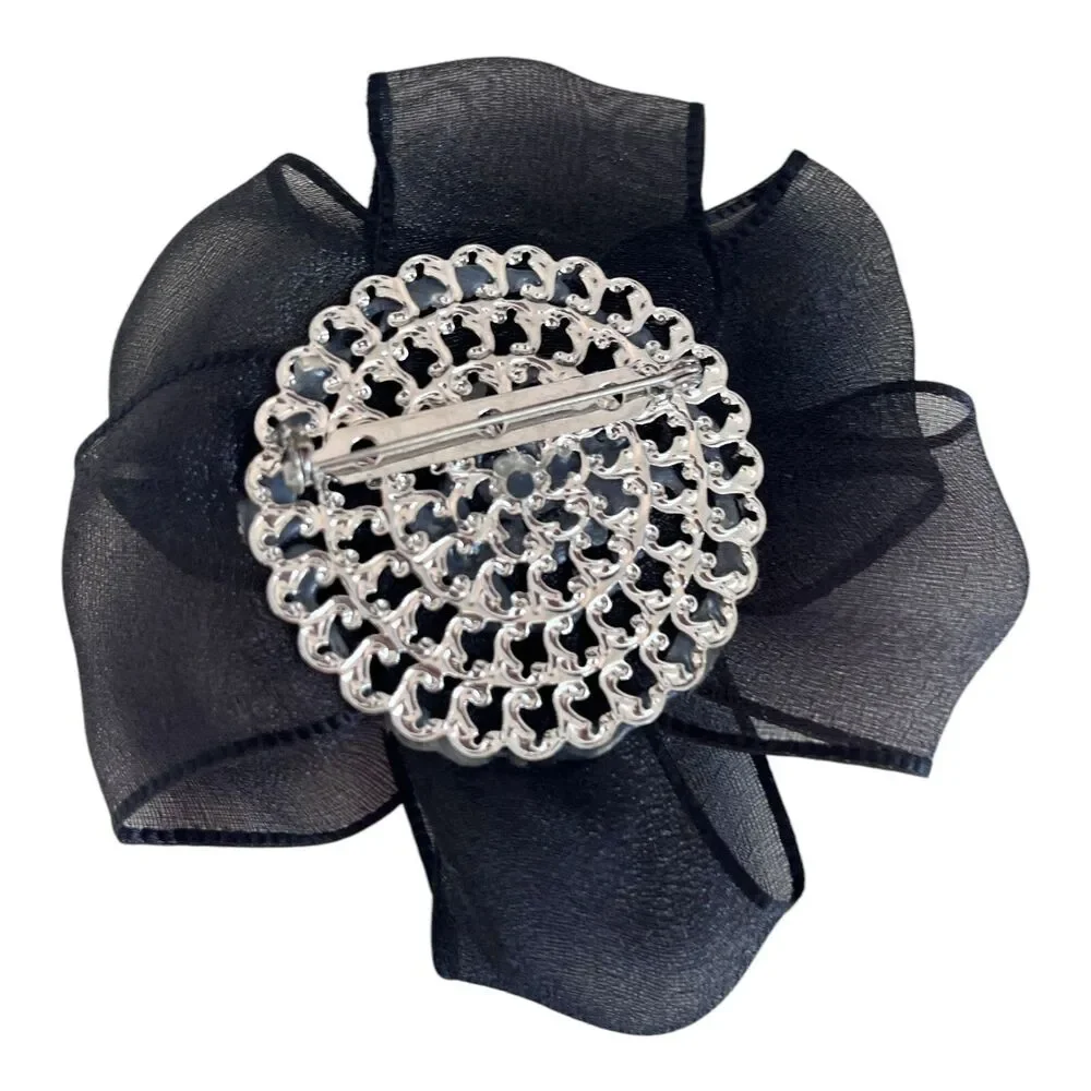 Vintage 1980s Statement Brooch Black Fabric Beaded Floral Pin - 10C